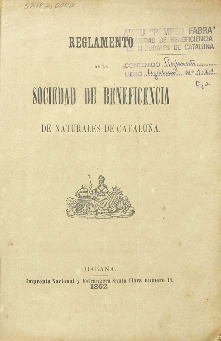 Reglament de la Societat de Beneficència de Naturals de Catalunya de 1862 Fons: SBNC. ANC2-78-T-3
